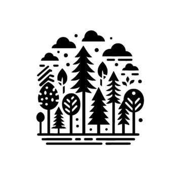 Monochromatic Forest Scene in a Circular Composition with Trees, Clouds, and Symbolic Weather Elements, in a Flat vector