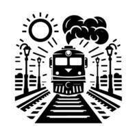 A symmetrical black and white illustration of a vintage train engine on a railway, complete with a sunny sky, clouds, and street lamps. vector