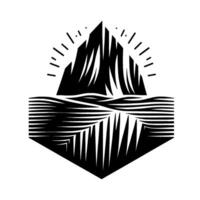A stylized, geometric linocut of a majestic mountain peak, reflecting in a lake, with sunburst rays, captured in bold black and white. vector