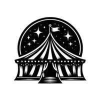 Elegant Black and White Circus Tent Featuring a Starry Night Sky Background with a Flag and Lit Marquee. vector