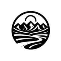 Monochromatic circular depicts a mountain landscape with a winding road and a sun, symbolizing natures serenity. vector
