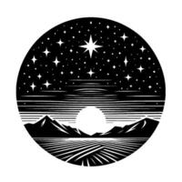 Black and white stylized landscape in a circular frame, depicting a starry night over mountains, sun, and fields. vector