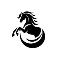 Sleek, minimalist black silhouette of a rearing horse, enclosed in a stylized crescent on a white background. vector