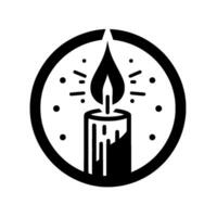 Black and white circular featuring a glowing candle with a stylized flame, encircled by a bold outline, and radiating light. vector