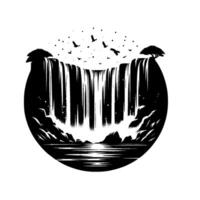 Black and white circular illustration of a cascading waterfall with birds, trees, rocks, and a calm lake, evoking tranquility. vector