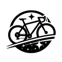 Stylized Black and White of a Road Bike Within a Circular Frame, Adorned with Stars and Motion Lines. vector