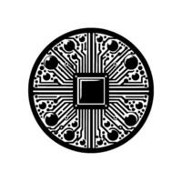 Circular Black White Circuit Board Centering a Square Processor Chip, Representing Modern Technology. vector
