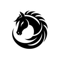 A sleek, minimalist black silhouette of a horses head and mane curving into a circular emblem on a white background. vector