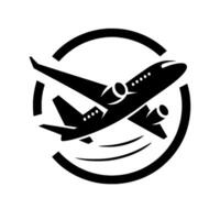 Sleek Black Airplane Silhouette Soaring Within a Circular Emblem, Suggesting Travel, Transportation, and Flight. vector