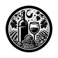 Elegant black and white circular illustration of a wine bottle, glass, grapes, leaves, and a crescent moon, depicting a romantic evening. vector