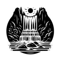 A serene black and white landscape illustration depicting a tiered waterfall cascading down a mountain, birds fly under the sun, and the waterfall flows into a stream with rocks. vector