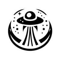 Stylized UFO emblem with beaming light and starburst on a black and white cosmic background, inside a circular frame. vector
