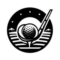 Golfing A black and white emblem features a golf ball on a tee, club poised to strike, set within a circular landscape with mountains and stars. vector