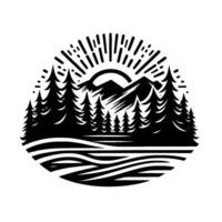 Silhouette of a mountain landscape, depicting a serene sunrise over a forest and lake, enclosed within a circular frame, evoking a sense of peace and tranquility. vector