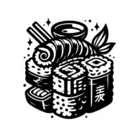 Artistic Black and White Illustration of a Sushi Platter with Chopsticks, Soy Sauce, and Decorative Elements. vector