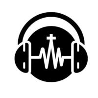 Black and White Digital Headphone Overlayed with a Sound Wave and a Christian Cross, Reflecting FaithBased Audio Content. vector