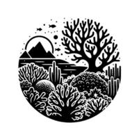 Monochrome Nature Scene Coral Reef, Mountains, and Trees within a Circular Composition. vector