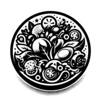 Monochromatic Illustration of a Circular Composition Featuring Stylized Fruits, Vegetables, and Leafy Elements. vector