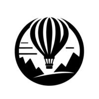 A minimalist black and white circular featuring a hot air balloon over mountain peaks with abstract cloudlike elements. vector