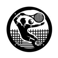 Silhouette of a tennis player swinging a racket, net in the background, enclosed within a circular frame, in a minimalist, style. vector