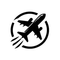 Black and white minimalist airplane in a circular frame, depicting flight and air travel. vector
