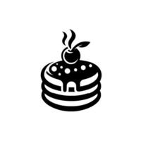 A stylized black and white of three stacked pancakes, topped with cherry, leaves, and steam, set against a bright backdrop. vector