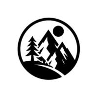 Black and white minimalist outdoor emblem featuring a mountain range, a coniferous tree, and a sun within a circular frame on a white backdrop. vector