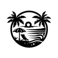 art of tropical beach scene with palm trees, airplane, ocean waves, umbrella, and lounge chair, all in a circular frame. vector