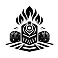 A symmetrical, bold black and white illustration of a stylized train with smoke, two adjacent train carriages on tracks, and a geometric , evoking power and movement. vector