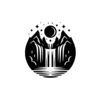 A stylized black and white landscape illustration featuring a waterfall cascading down mountains, beneath a full moon and starry sky, contained within a circular frame. vector