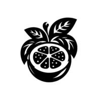 Bold Black and White Stylized Citrus Fruit with Leafy Crown and Segmentation, on Clean White Backdrop. vector