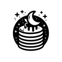 Black and white stylized illustration featuring a stack of pancakes with dripping syrup, topped with a crescent moon, surrounded by stars. vector