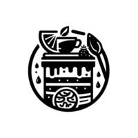Stylized circular featuring a layered cake with lemon, tea, strawberry, and spoon elements, all depicted in solid black against a white background. vector