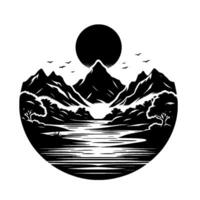 A symmetrical black and white landscape illustration featuring a central mountain range under a dark sun, with a river and trees within a circular frame, with birds. vector