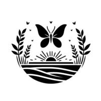 Black and White Minimalist Illustration A Butterfly, Sunrise, Fields, and Foliage in a Circular, Serene Composition. vector