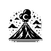 Monochromatic volcano illustration erupting stylized clouds, a crescent moon, and stars, creating a dreamy, celestial aesthetic on a white background. vector