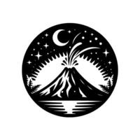 Silhouette of Erupting Volcano Under a Crescent Moon Amidst Stars and Palm Trees, Reflecting on Calm Waters Within a Circle. vector