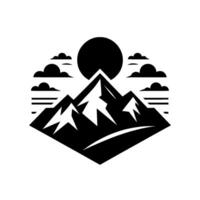 Minimalist black and white of mountain range with clouds and sun, geometric composition. vector