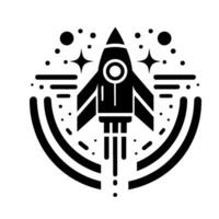 Monochromatic Rocket Ship in Flight with Stars and Galactic Arcs, Black and White Minimalist Illustration vector