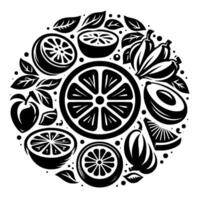 A stylized, circular arrangement of various fruits, including oranges, lemons, and avocados, rendered in a bold, black and white, minimalist with botanical elements. vector