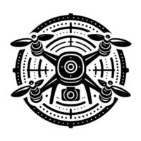 Monochromatic drone emblem with props, central camera, and circular radarlike pattern. vector