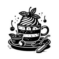 Stylized Black and White Dessert Illustration Latte with whipped cream and cherries on a saucer with a bowl. vector