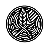Black and white circular emblem featuring stylized crossed wheat stalks, brush, and decorative linework, against a minimalist white background. vector