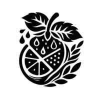 Black and White Minimalist Illustration of a Citrus Fruit Slice with Leaves and Water Droplets, Decorative Element. vector