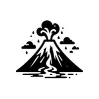 Stylized Black and White Illustration of an Erupting Volcano with Smoke, Lava Flow, Clouds, and Raindrops. vector