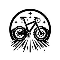 Black and White Silhouette of Mountain Bike Within a Circle, with Stars and Radial Burst Elements on White Background. vector
