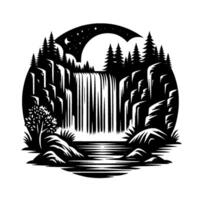 Black and White Circular Illustration of a Moonlit Waterfall Scene with Pine Trees, Rocks, and Stars. vector