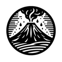 A stylized black and white circular illustration depicts a volcanic eruption, with smoke, rain, and horizontal lines representing water, creating a dynamic nature scene. vector