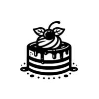 Black and white illustration of a layered cake, drizzled with icing, topped with whipped cream, a cherry, and leaves, on a simple white background. vector