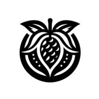 Stylized Black and White of a PearLike Fruit, Leafy Accents Inside a Circular Frame with Dot Embellishments. vector